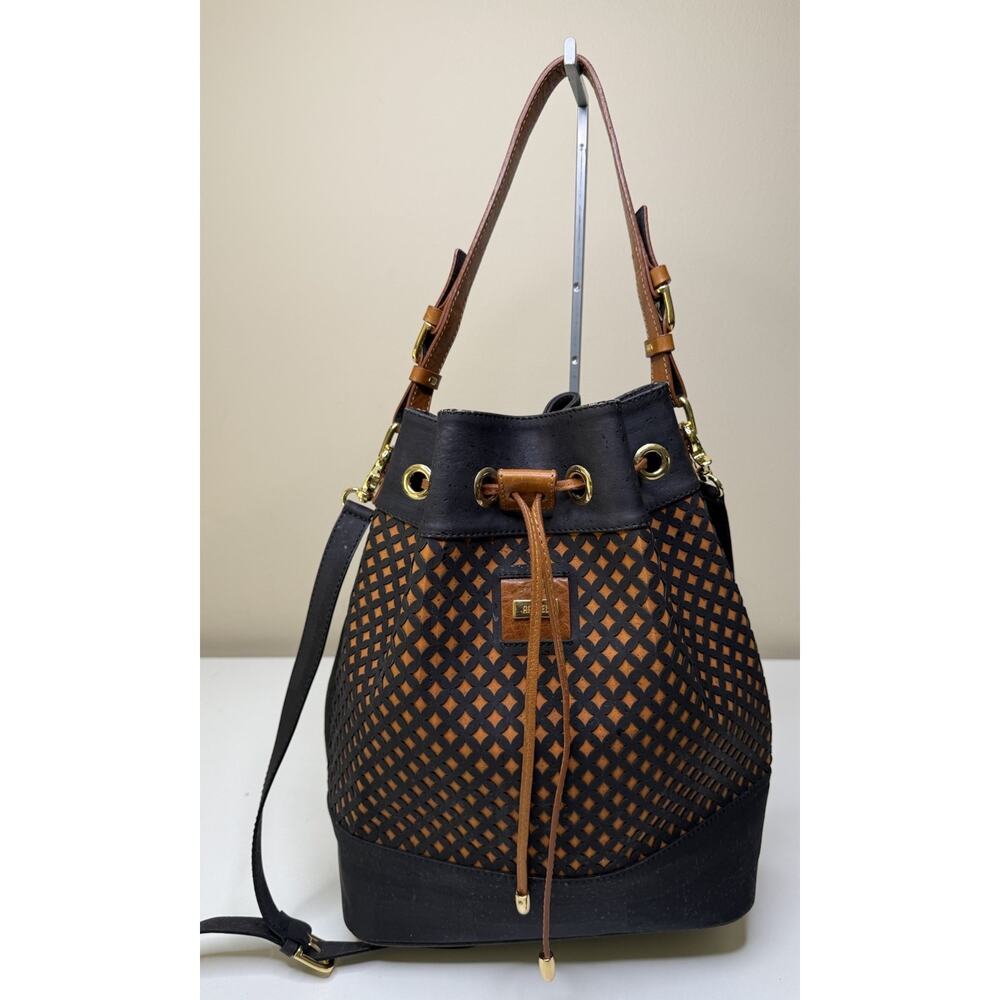 Artipel Cork Drawstring Bucket Bag Black Brown Cork Leather Lined Laser Cut